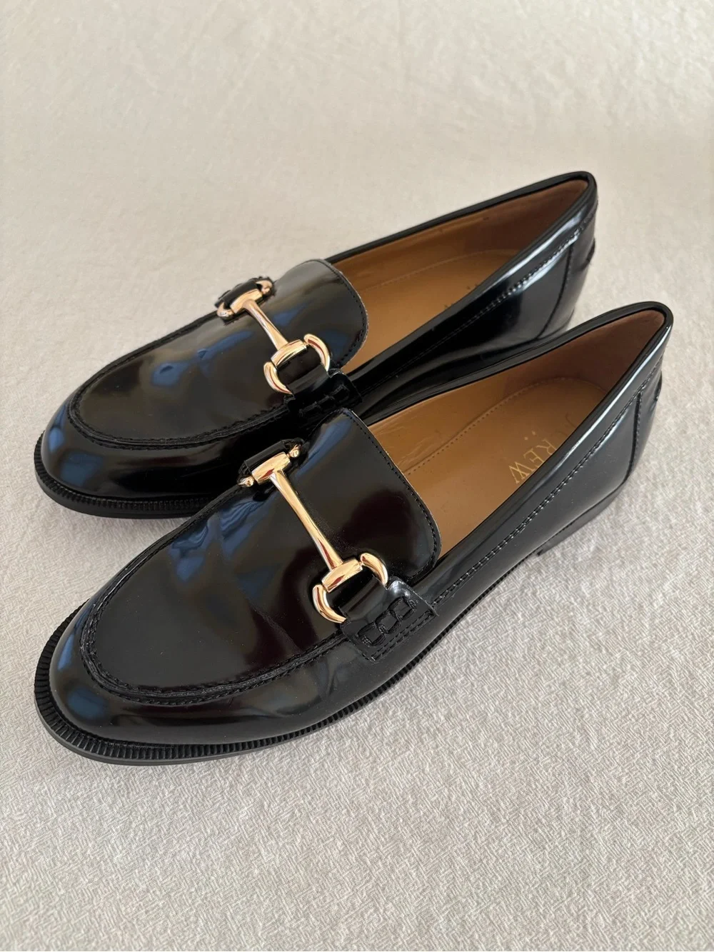 J. Crew Black Patent Loafers with Gold Horsebit